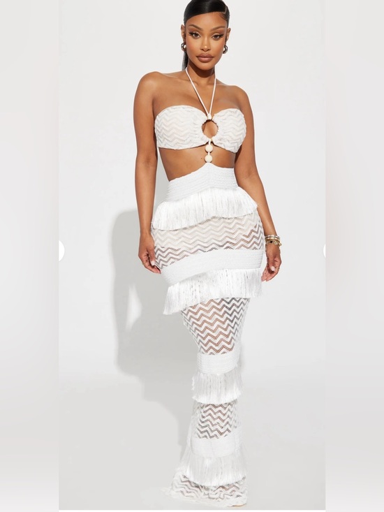 Fashion Nova Dresses & Skirts - Fashion Nova Coastal Dream White Fringe Crochet Maxi Dress size M